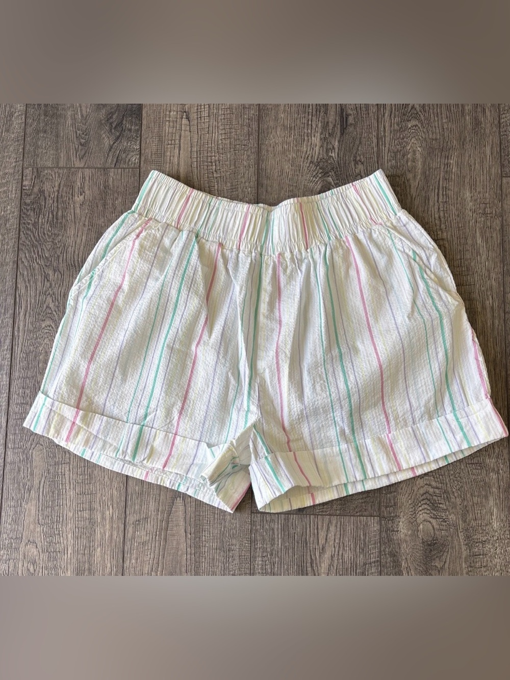 Something Navy White Seersucker High-Waist Shorts with Pastel Stripes